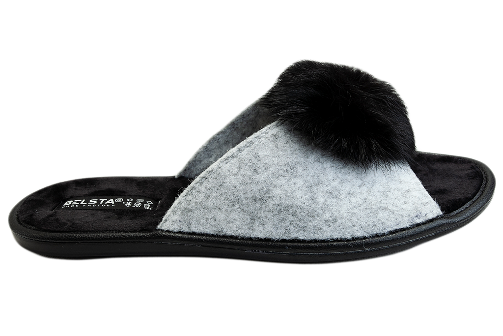 Open women's slippers made of Italian felt with fur