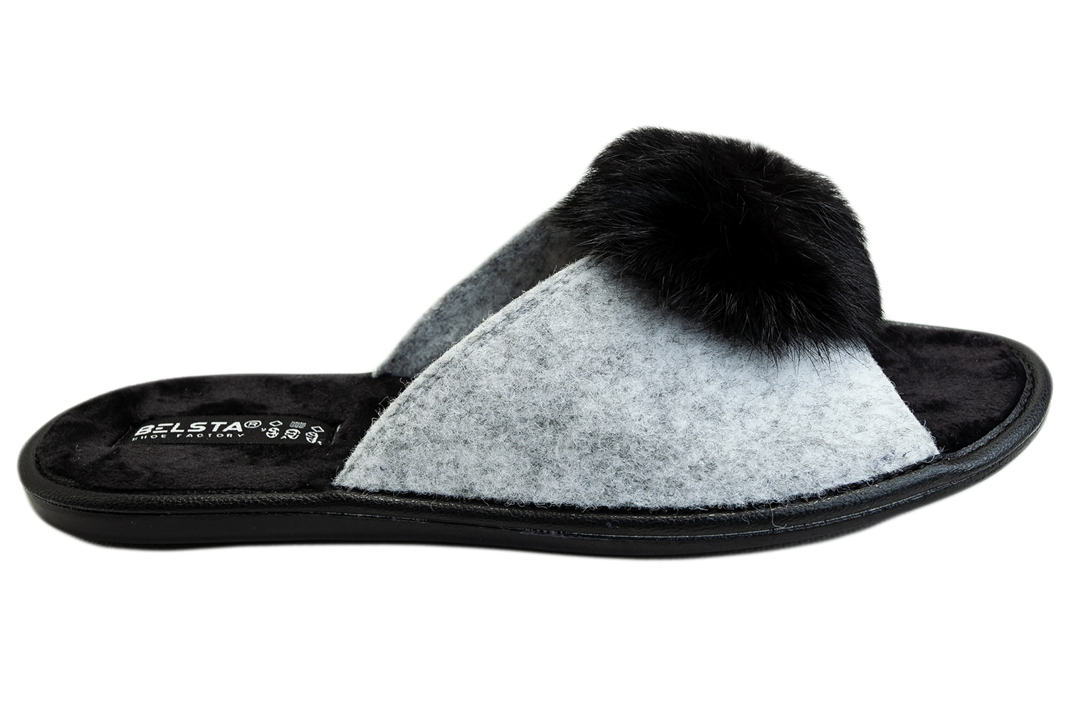 Open women's slippers made of Italian felt with fur