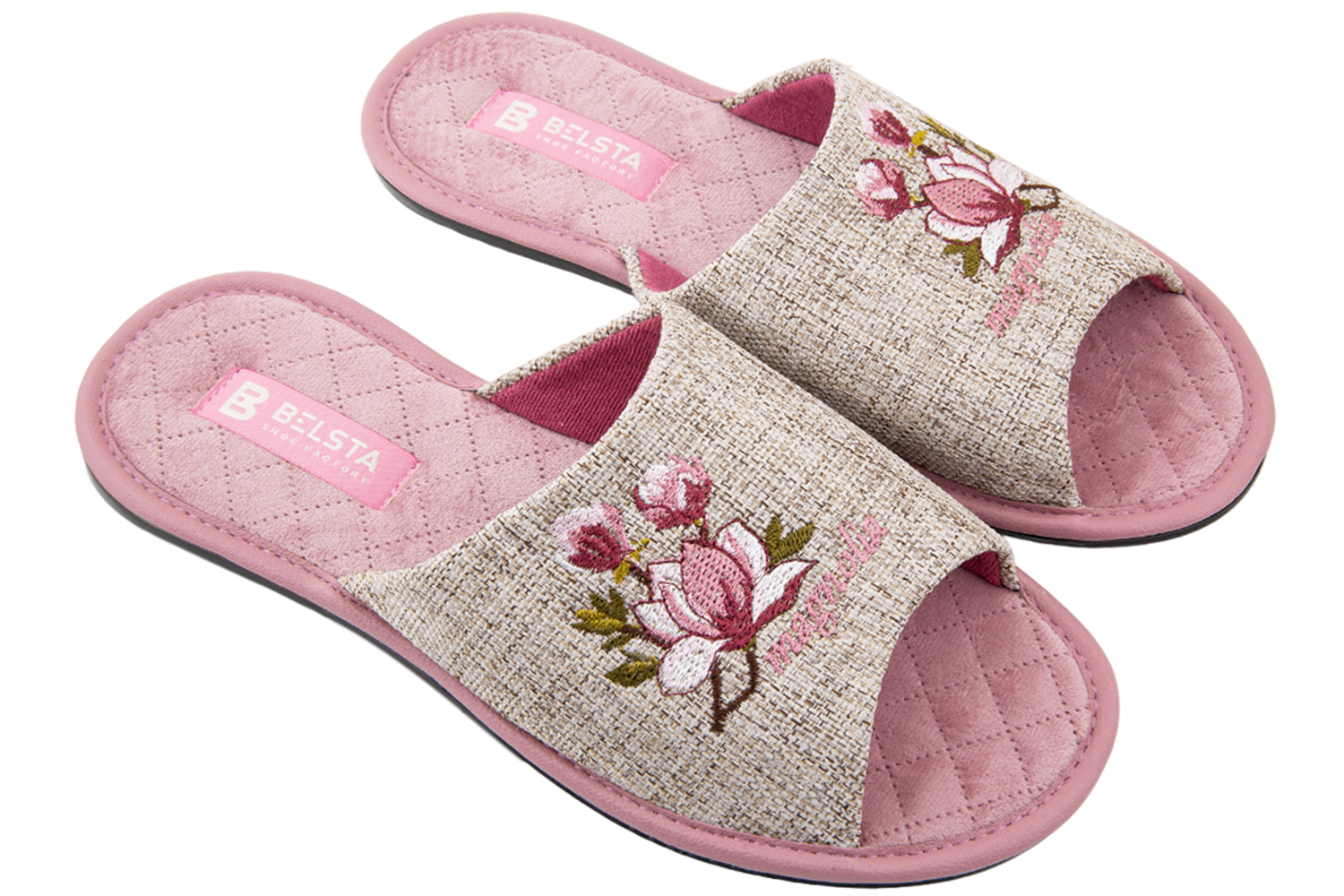 Indoor women's open slippers made of textile and quilted velvet with a magnolia design