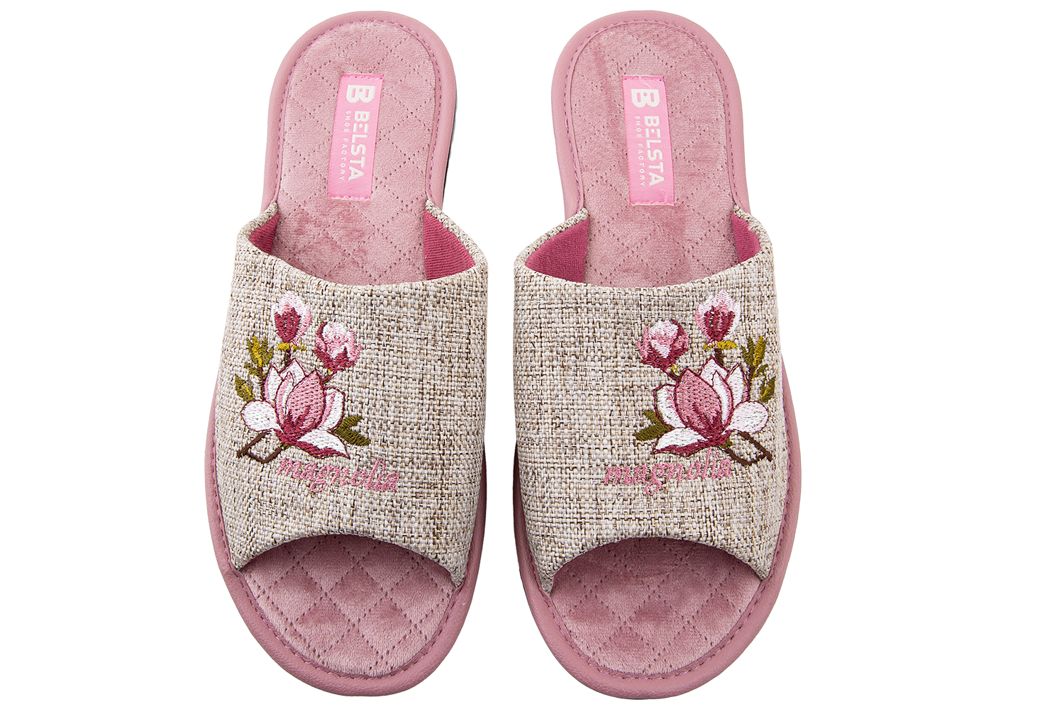 Indoor women's open slippers made of textile and quilted velvet with a magnolia design