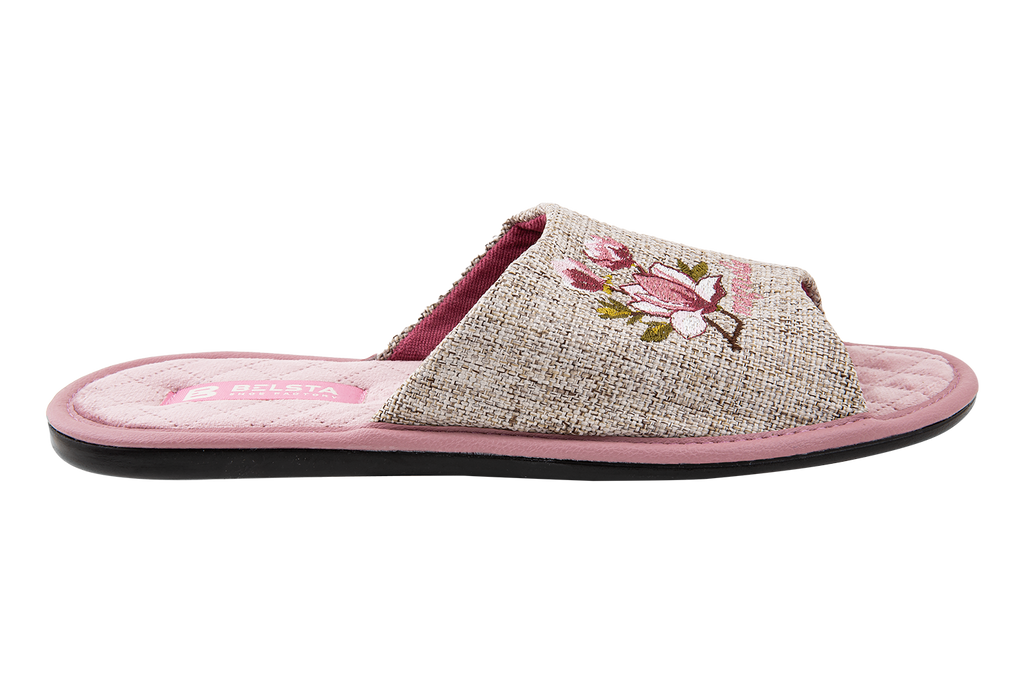 Indoor women's open slippers made of textile and quilted velvet with a magnolia design