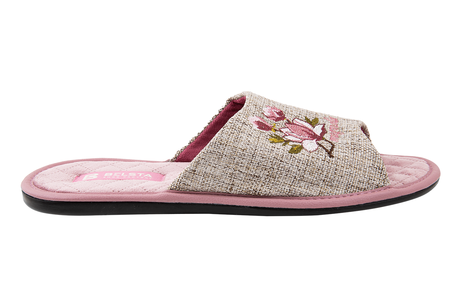 Indoor women's open slippers made of textile and quilted velvet with a magnolia design