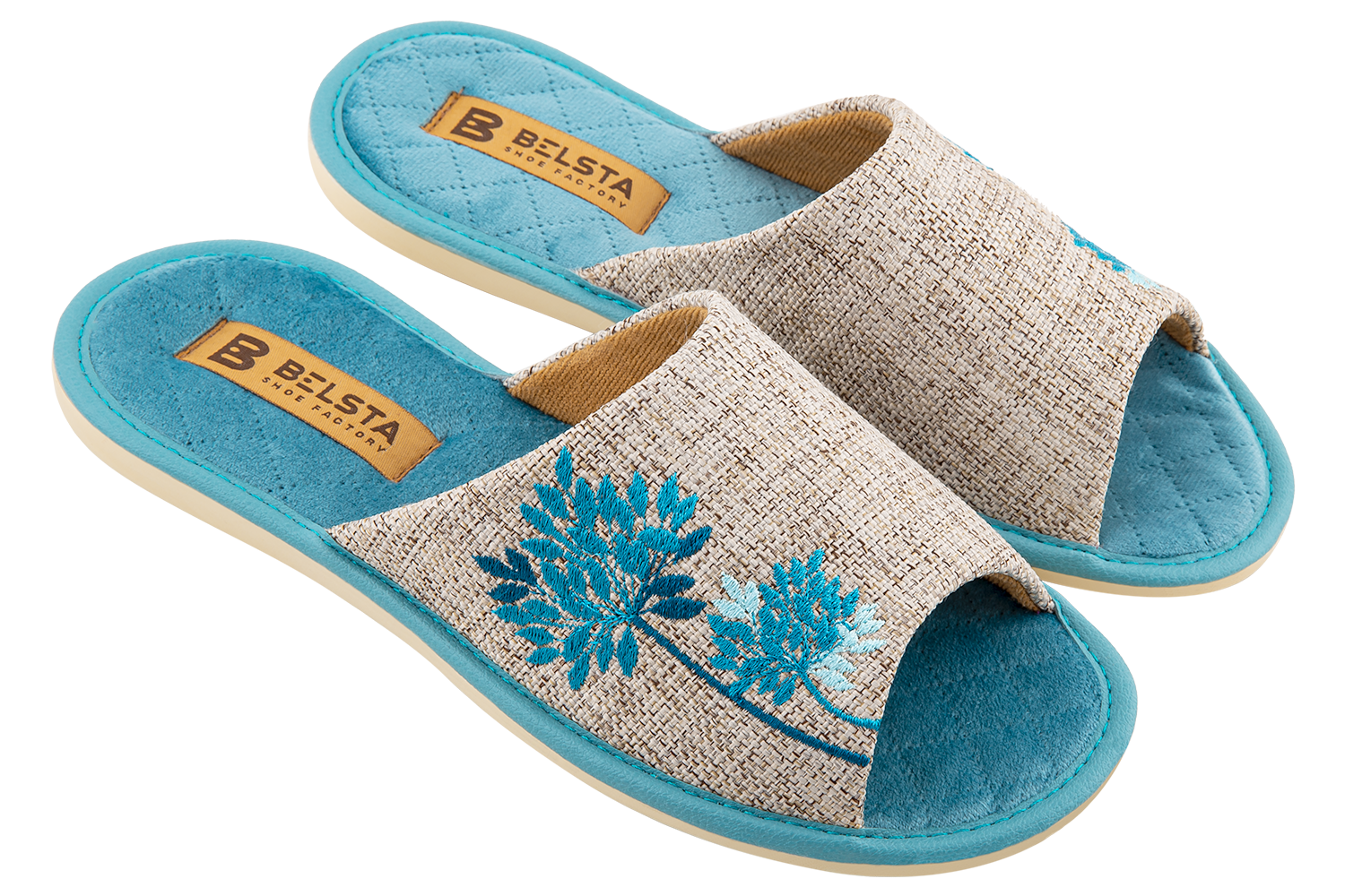 Indoor women's open slippers made of textile and quilted velvet with a magnolia design