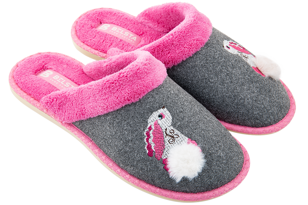 Indoor women's closed slippers made of suede and terry cloth with a bunny decoration