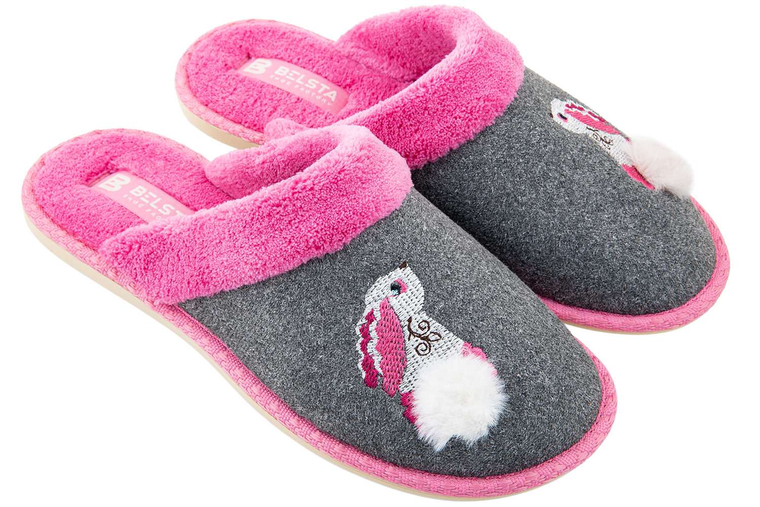 Indoor women's closed slippers made of suede and terry cloth with a bunny decoration