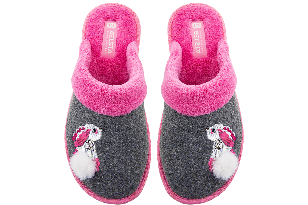 Indoor women's closed slippers made of suede and terry cloth with a bunny decoration