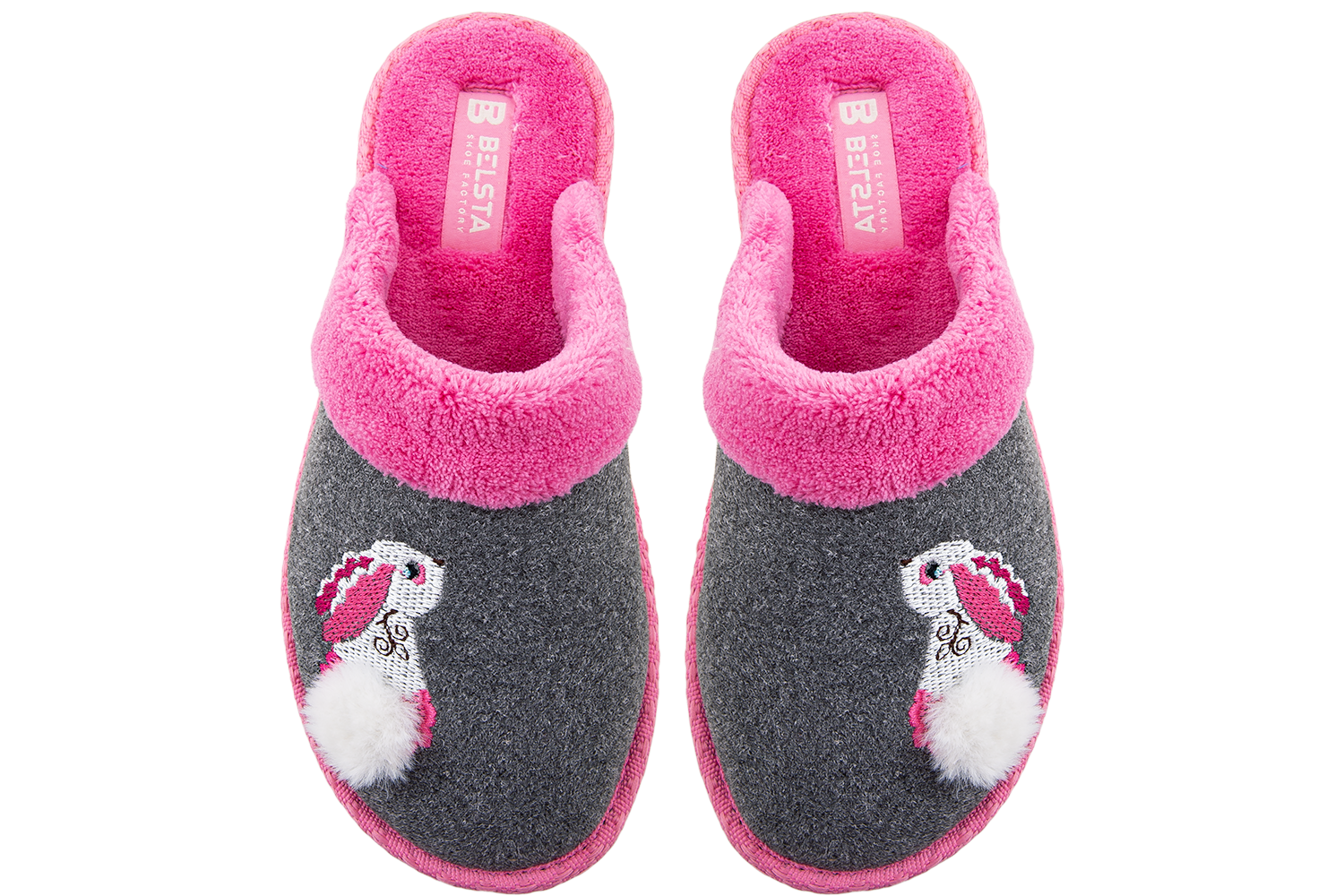 Indoor women's closed slippers made of suede and terry cloth with a bunny decoration