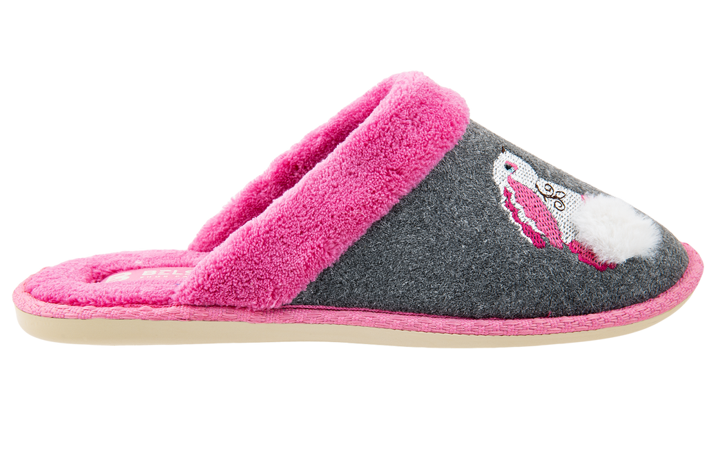 Indoor women's closed slippers made of suede and terry cloth with a bunny decoration
