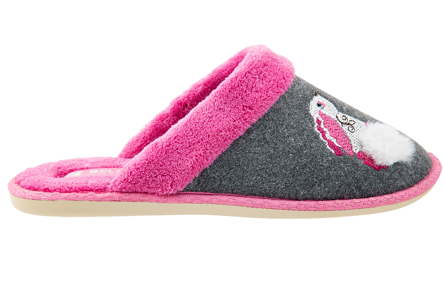 Indoor women's closed slippers made of suede and terry cloth with a bunny decoration