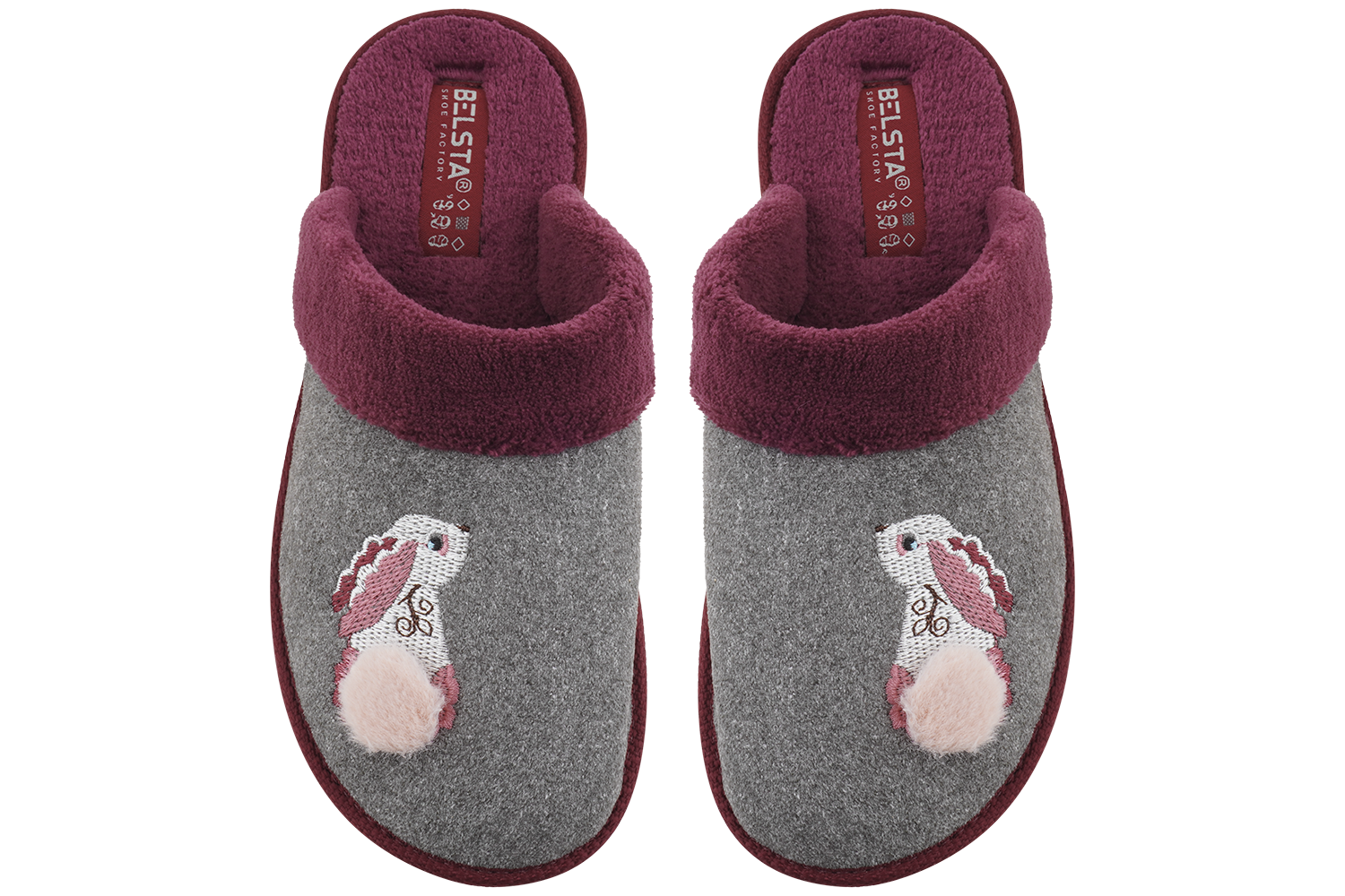 Indoor women's closed slippers made of suede and terry cloth with a bunny decoration