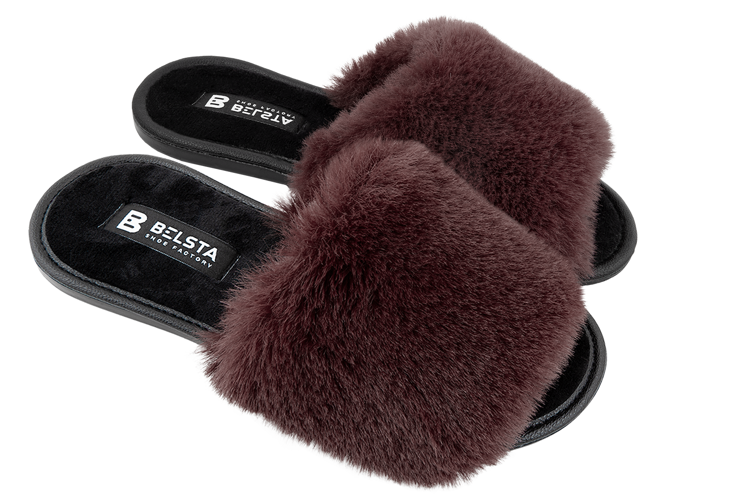 Open-toe women's slippers in red eco-fur.