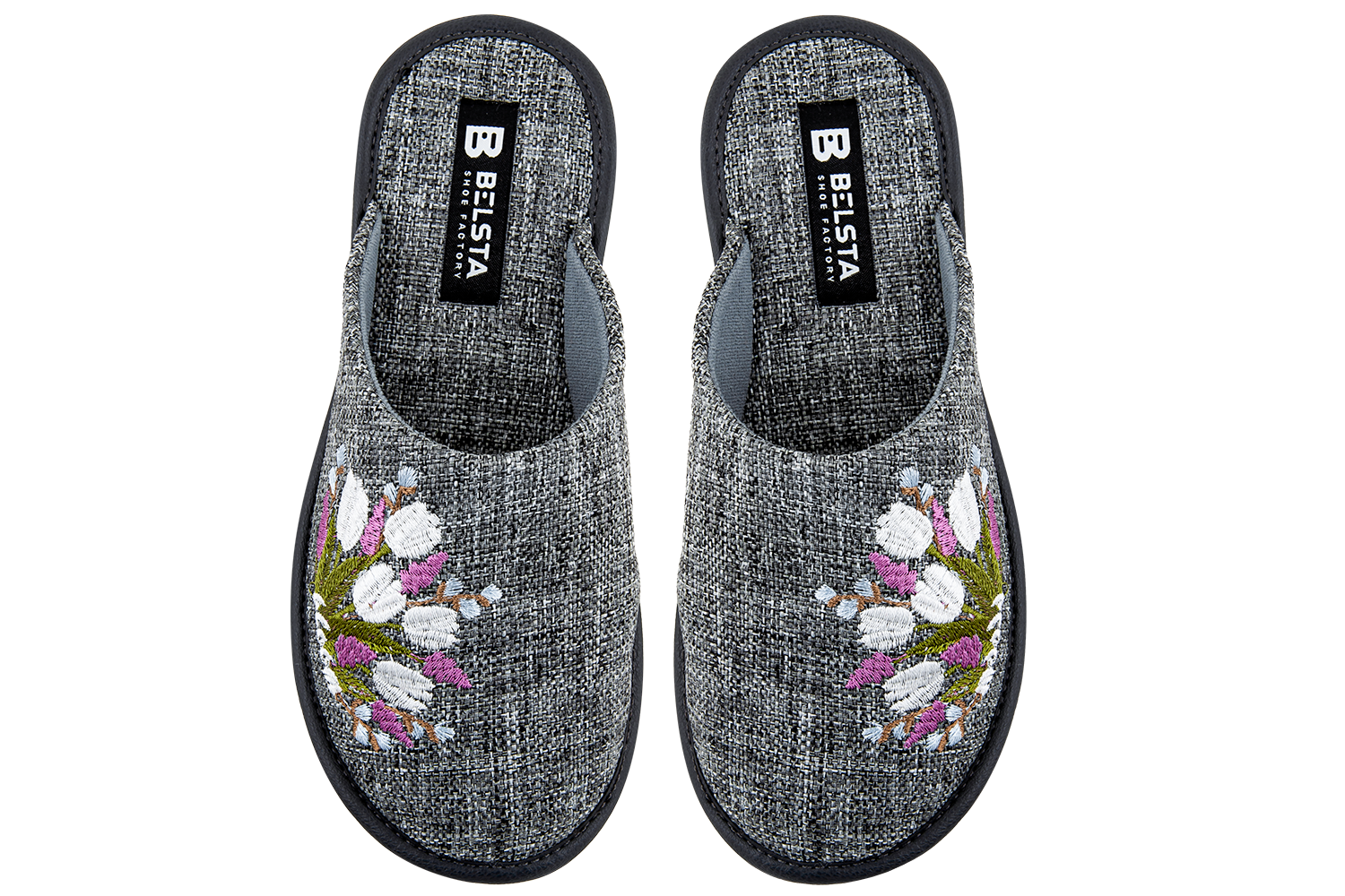 Women's closed-toe slippers made of grey textile, embroidered with a bouquet of tulips