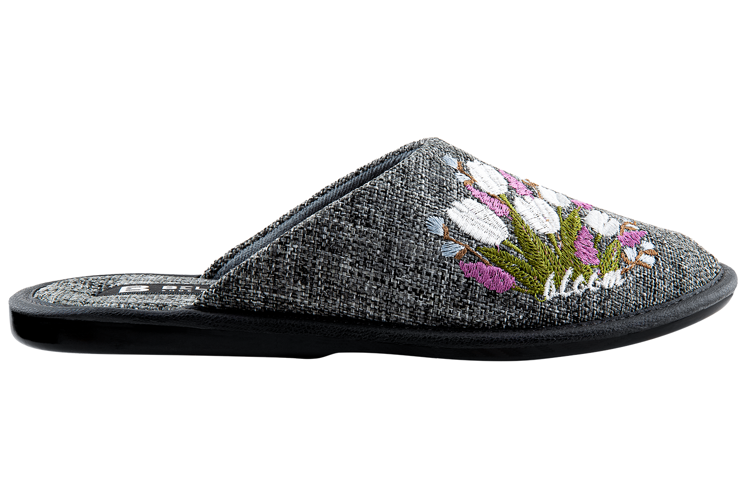 Women's closed-toe slippers made of grey textile, embroidered with a bouquet of tulips