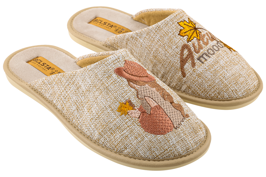 Indoor women's closed textile slippers with "Autumn mood" embroidery