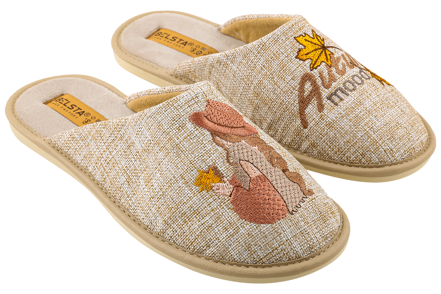 Indoor women's closed textile slippers with "Autumn mood" embroidery