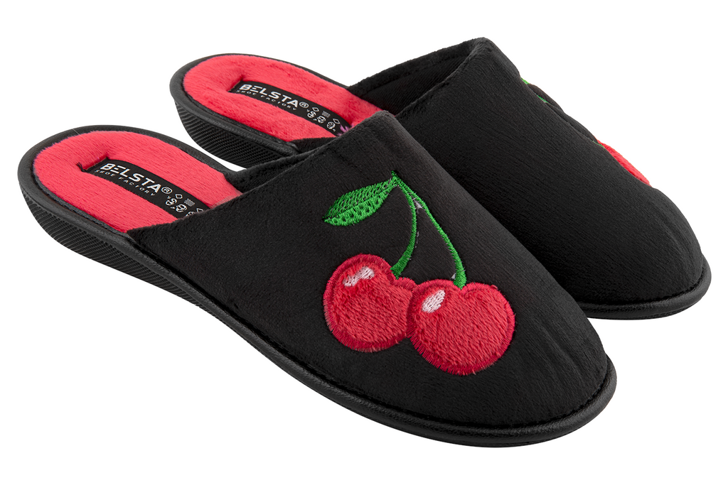 Women's closed-back indoor slippers made of black velour, decorated with cherries.