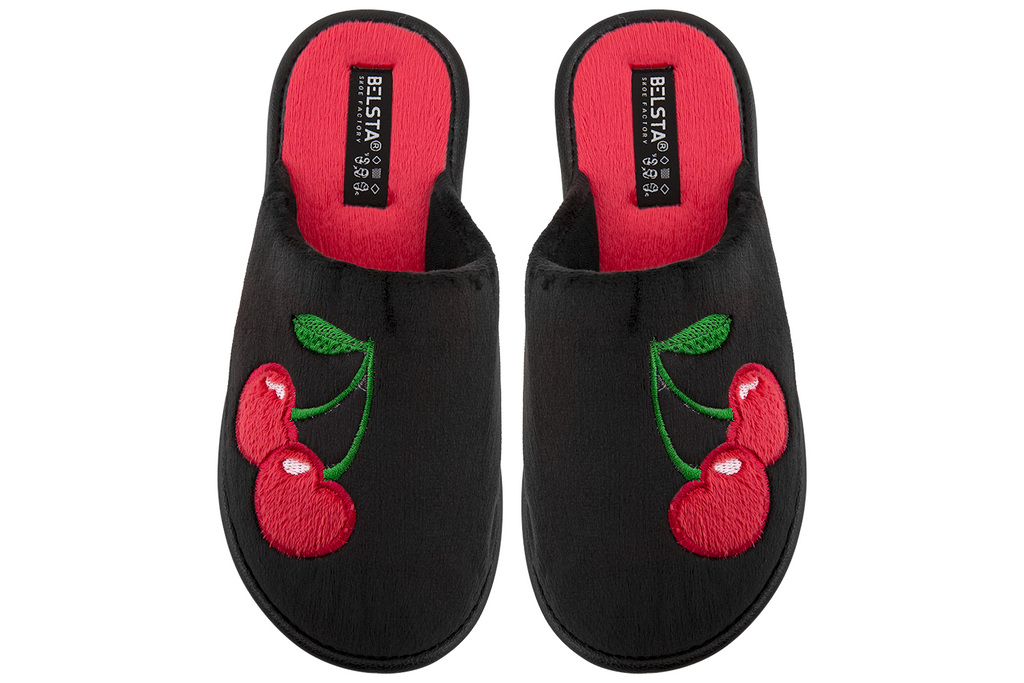 Women's closed-back indoor slippers made of black velour, decorated with cherries.