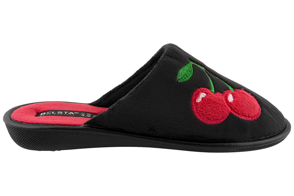 Women's closed-back indoor slippers made of black velour, decorated with cherries.