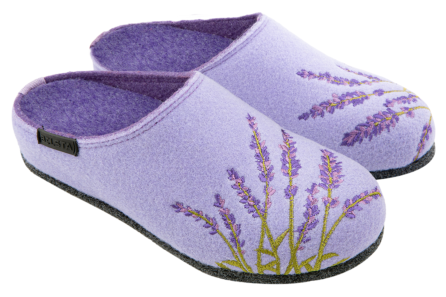 Women's closed slippers made of Italian felt with lavender embroidery