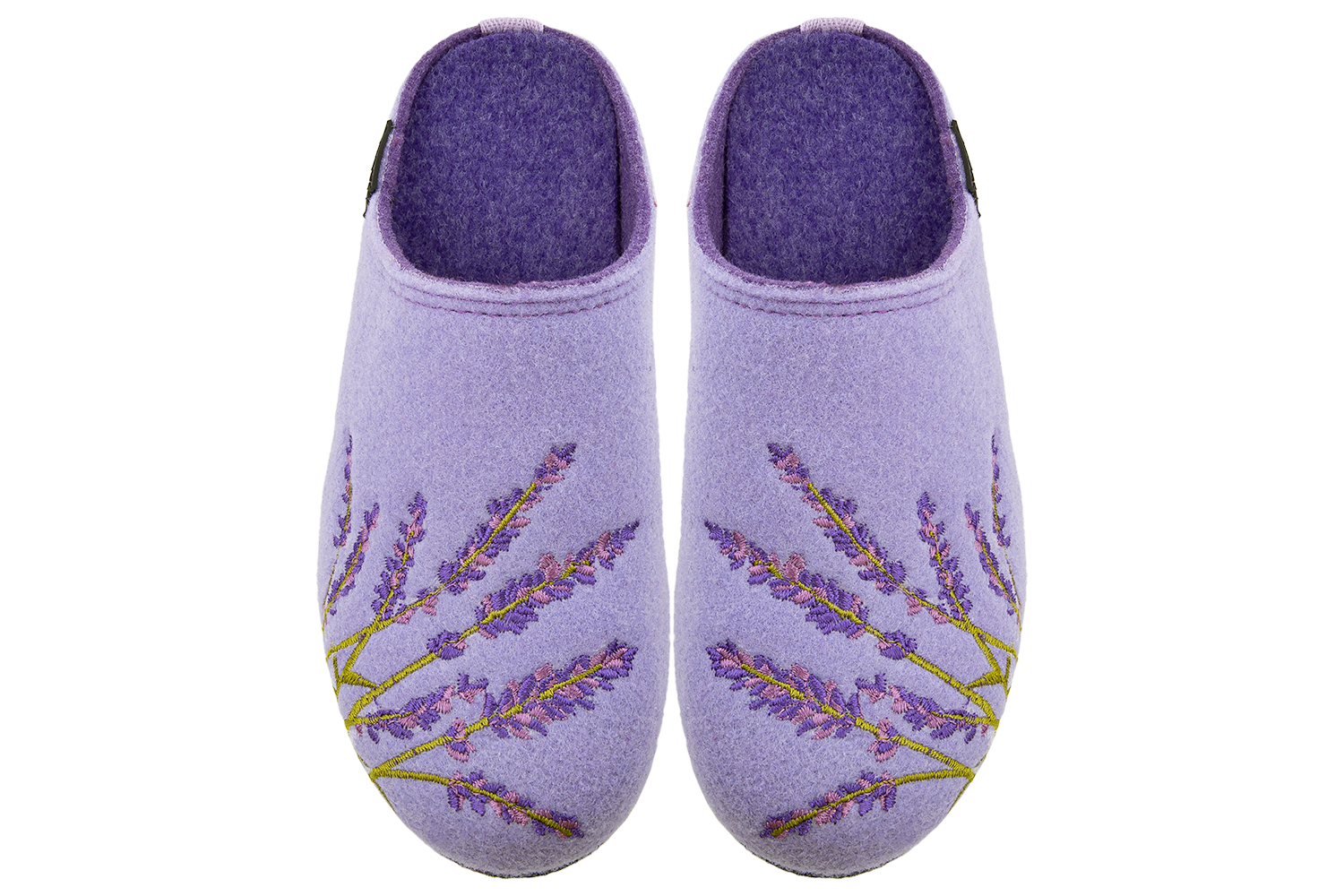 Women's closed slippers made of Italian felt with lavender embroidery