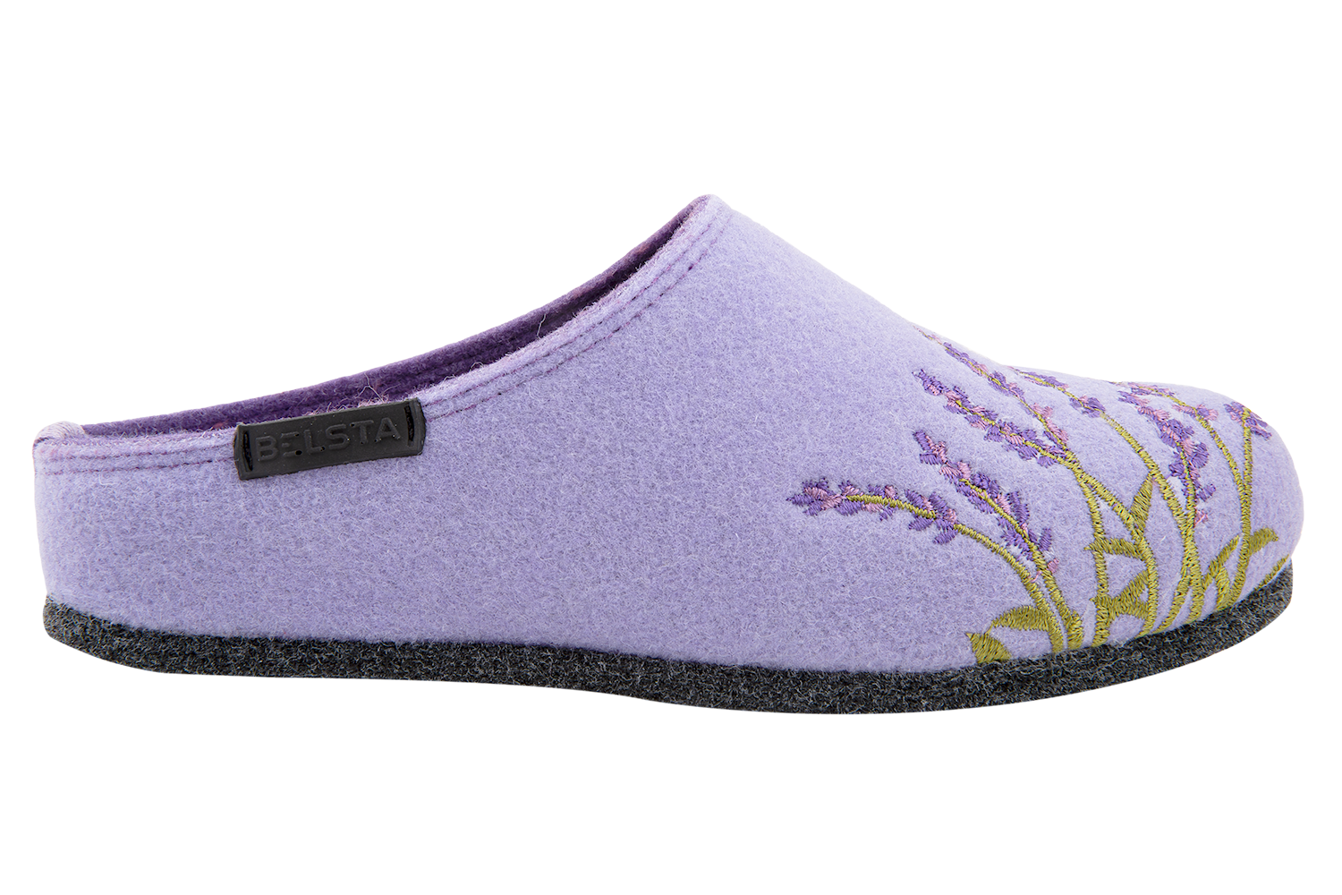 Women's closed slippers made of Italian felt with lavender embroidery