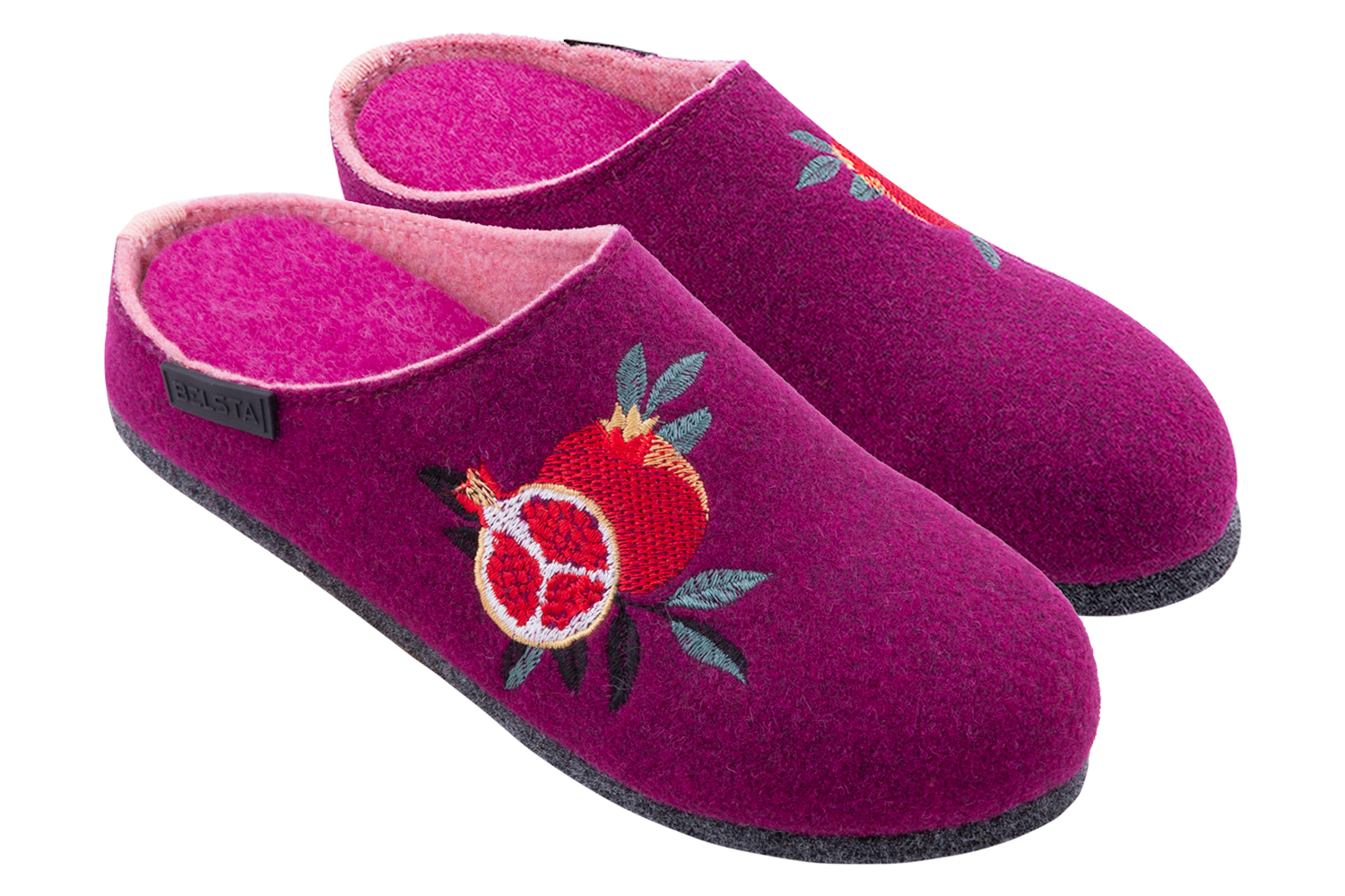 Women's closed-toe indoor slippers made of Italian blue felt, decorated with embroidery