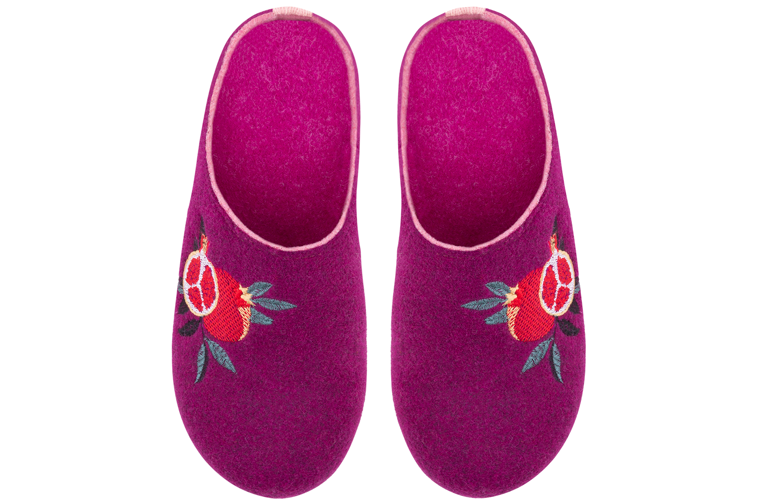 Women's closed-toe indoor slippers made of Italian blue felt, decorated with embroidery