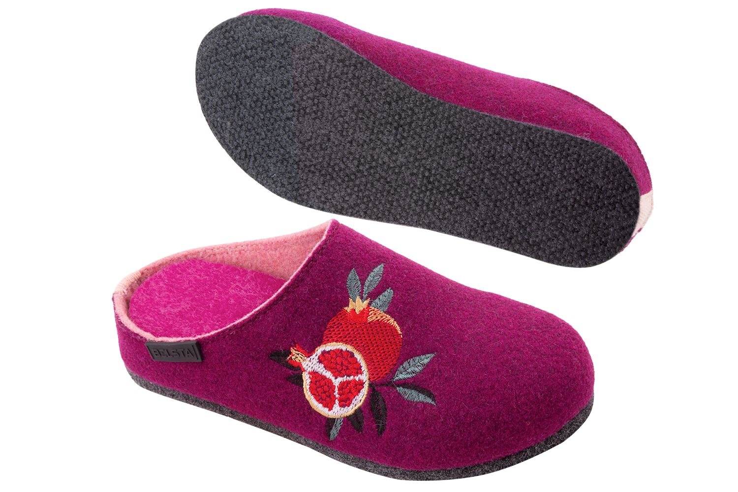 Women's closed-toe indoor slippers made of Italian blue felt, decorated with embroidery