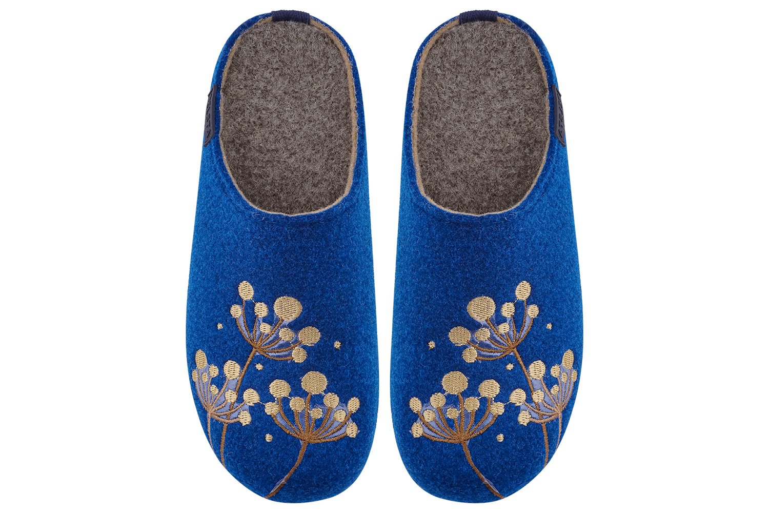 Women's closed-toe indoor slippers made of Italian blue felt, decorated with embroidery