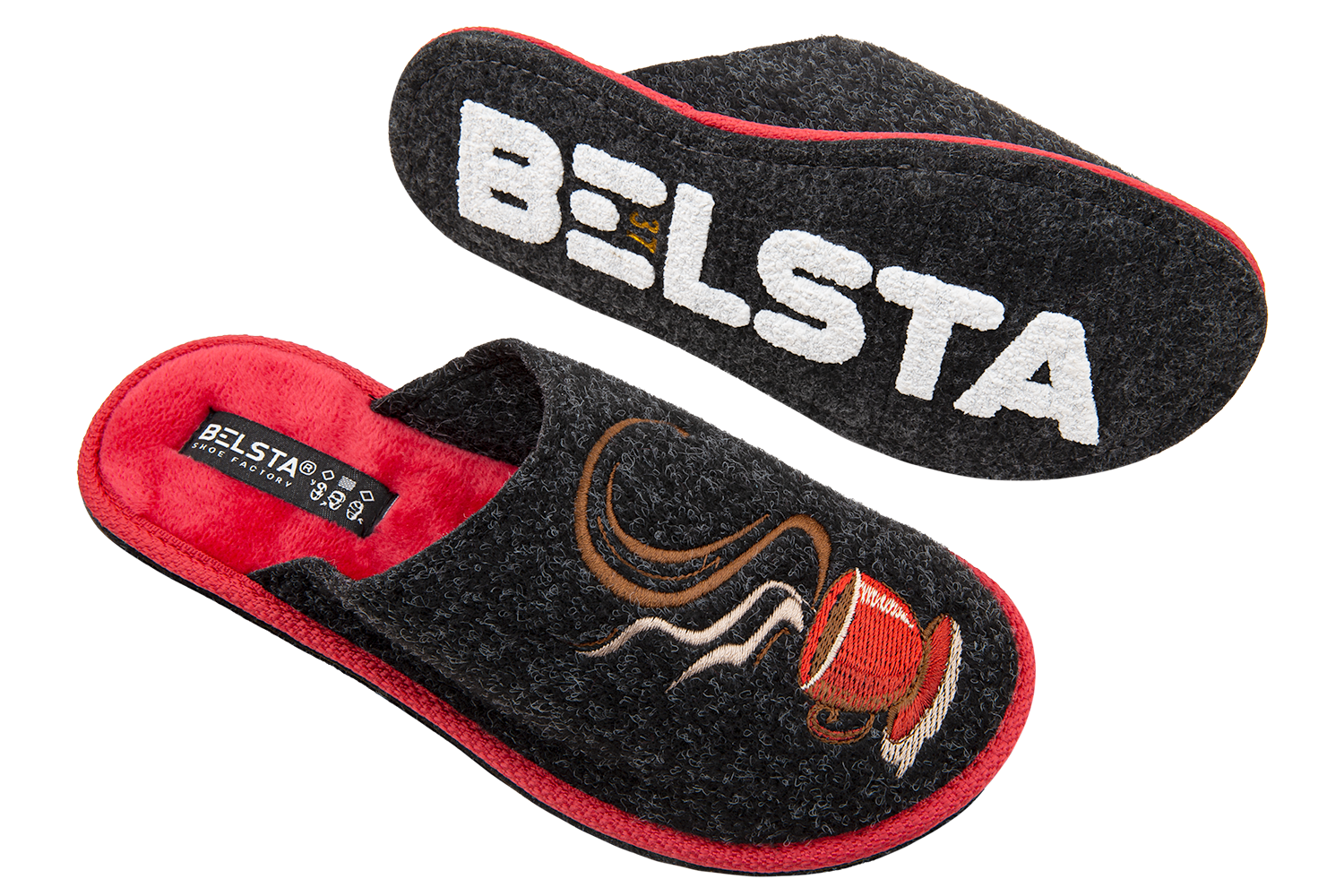 Indoor women's closed slippers made of black Italian felt with red coffee cup embroidery