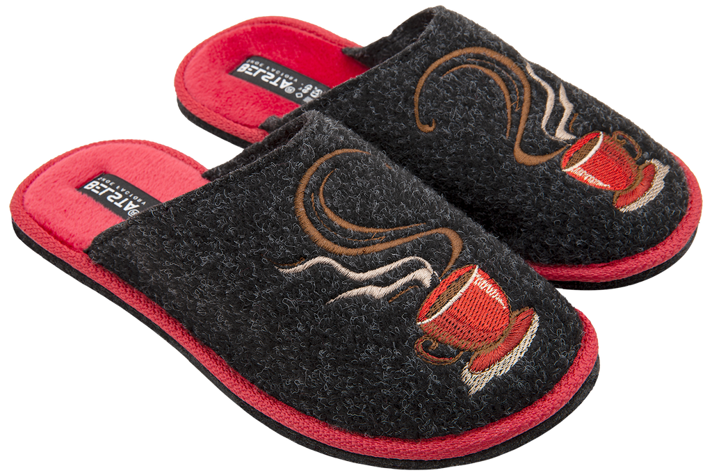 Indoor women's closed slippers made of black Italian felt with red coffee cup embroidery