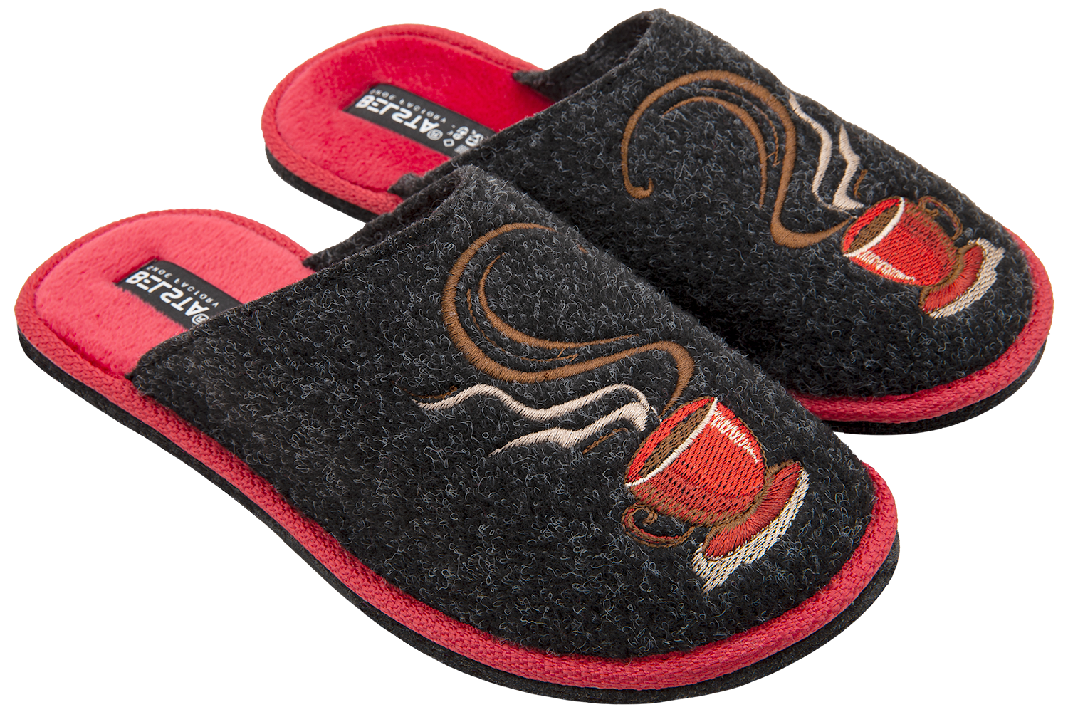 Indoor women's closed slippers made of black Italian felt with red coffee cup embroidery