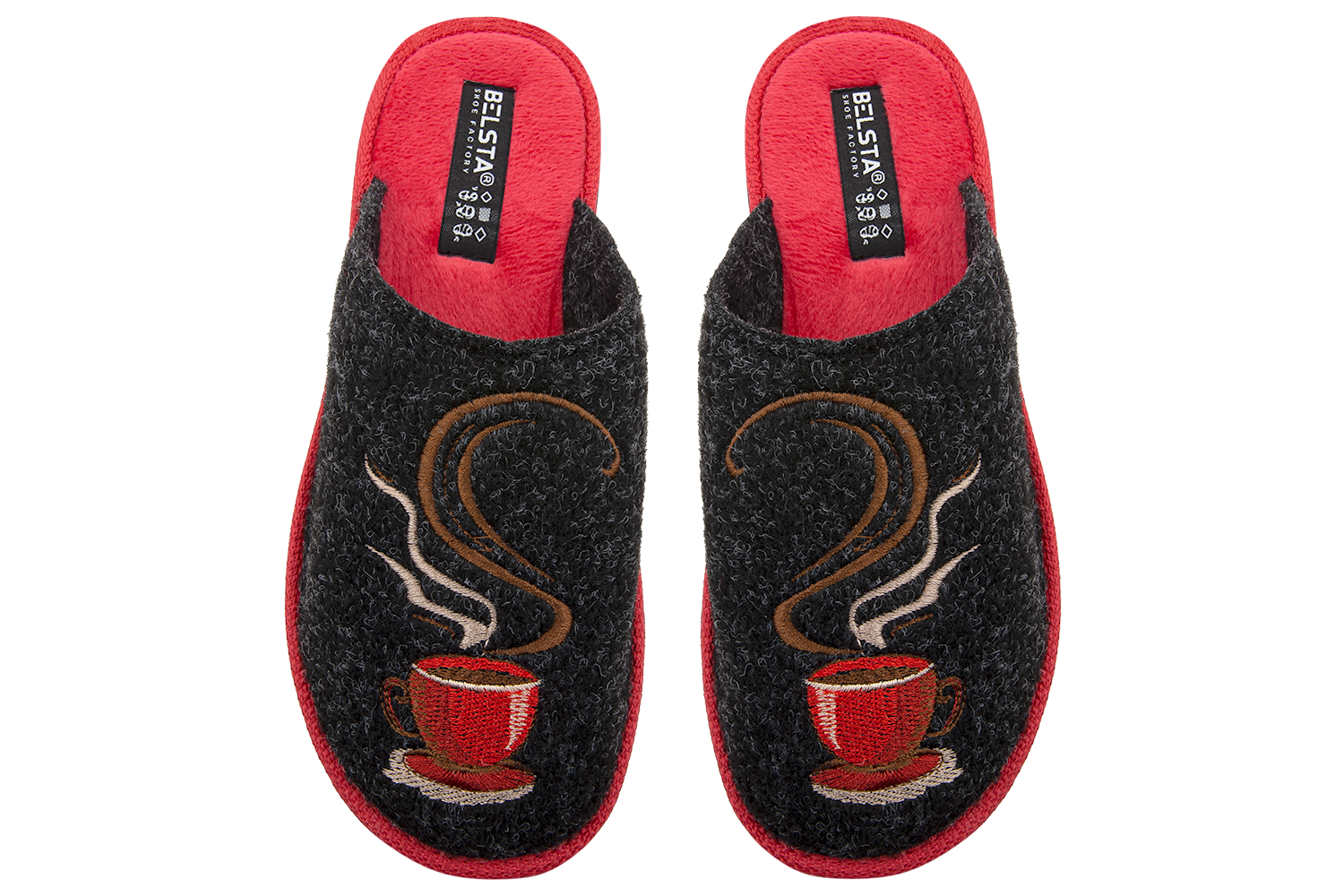 Indoor women's closed slippers made of black Italian felt with red coffee cup embroidery