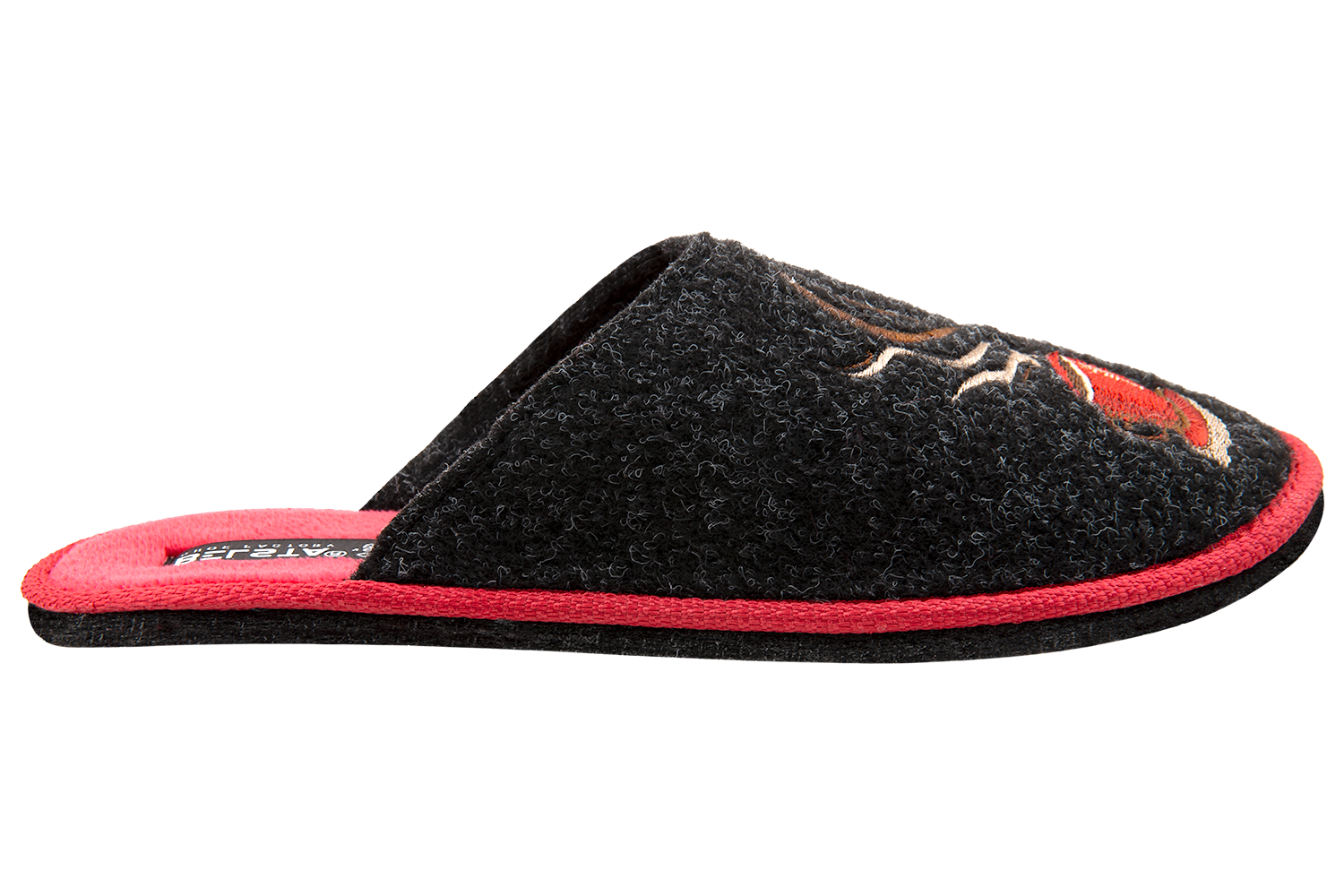 Indoor women's closed slippers made of black Italian felt with red coffee cup embroidery