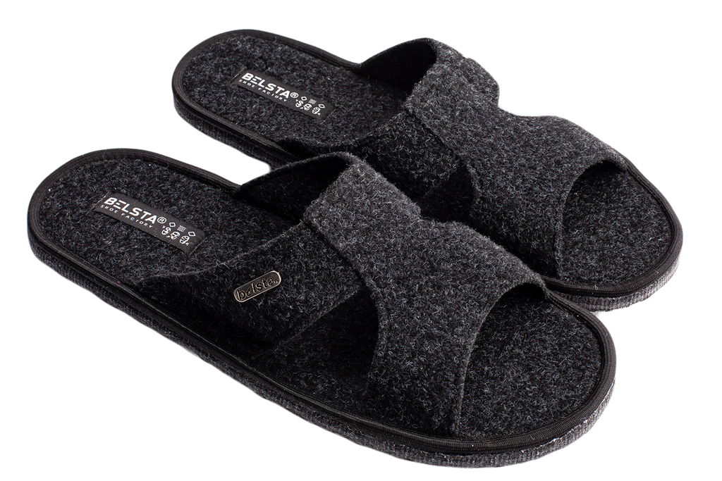 Men's open slippers BELSTA made of dark grey Italian felt, decorated with the factory name