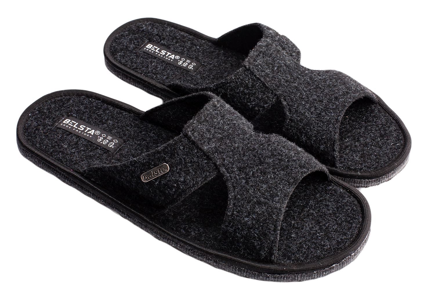 Men's open slippers BELSTA made of dark grey Italian felt, decorated with the factory name