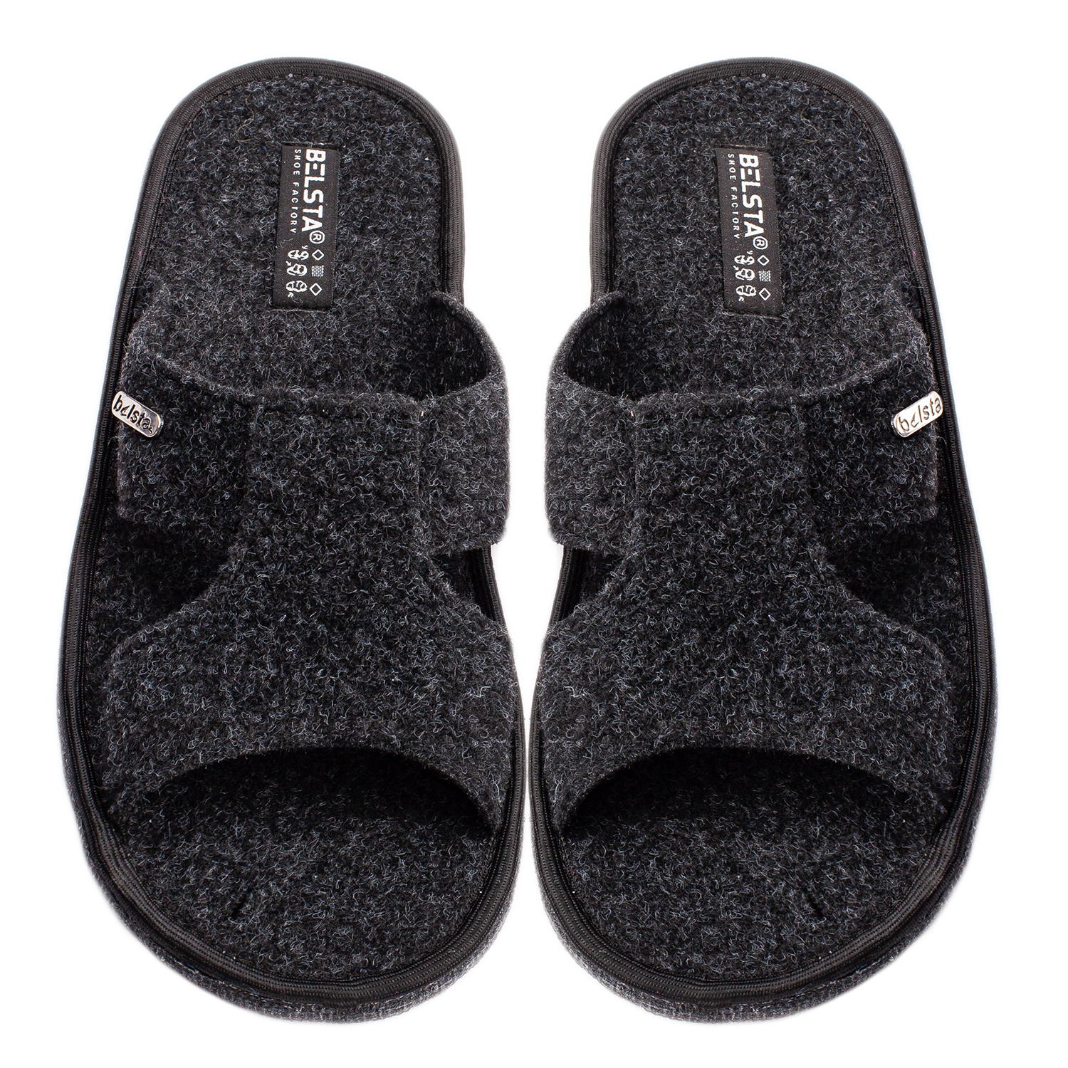 Men's open slippers BELSTA made of dark grey Italian felt, decorated with the factory name