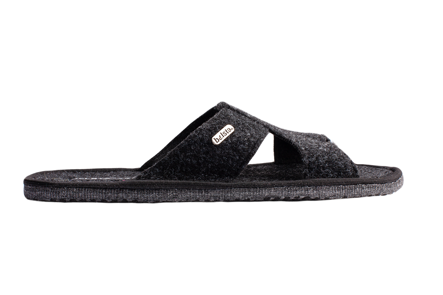 Men's open slippers BELSTA made of dark grey Italian felt, decorated with the factory name