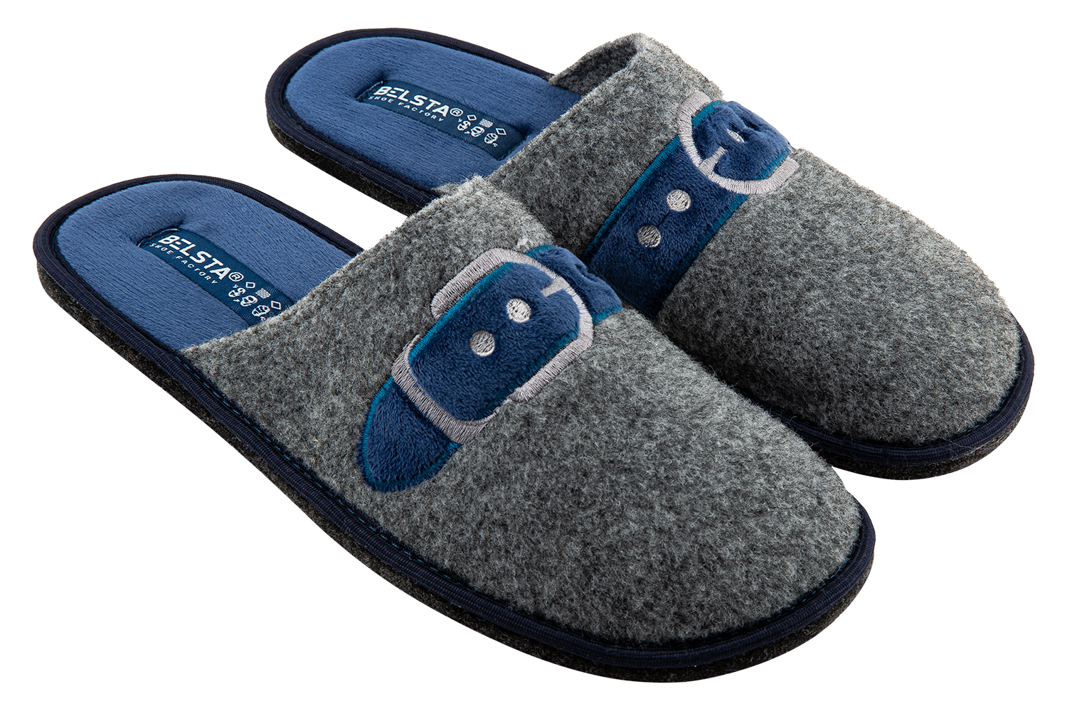 Men's closed slippers BELSTA made of light grey Italian felt, decorated with a dark blue strap with a buckle