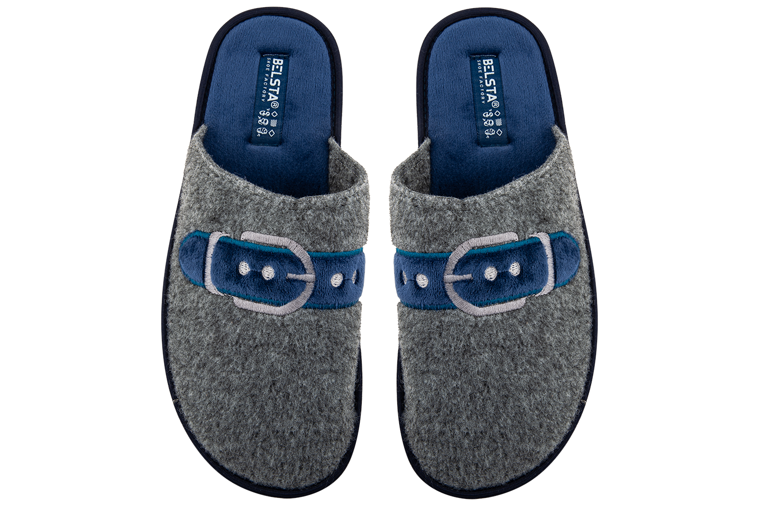 Men's closed slippers BELSTA made of light grey Italian felt, decorated with a dark blue strap with a buckle