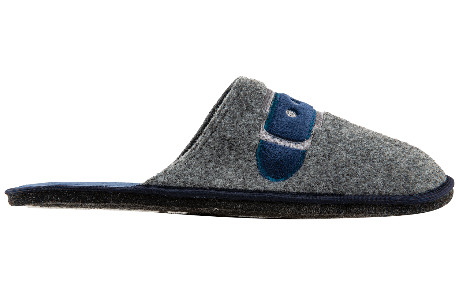 Men's closed slippers BELSTA made of light grey Italian felt, decorated with a dark blue strap with a buckle