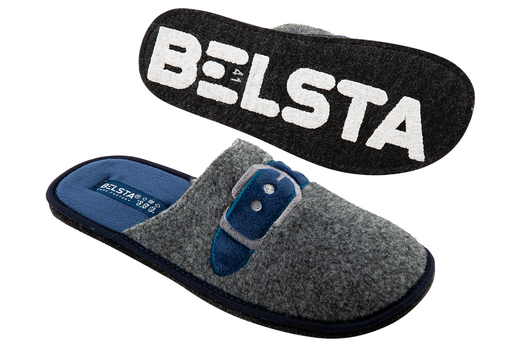 Men's closed slippers BELSTA made of light grey Italian felt, decorated with a dark blue strap with a buckle