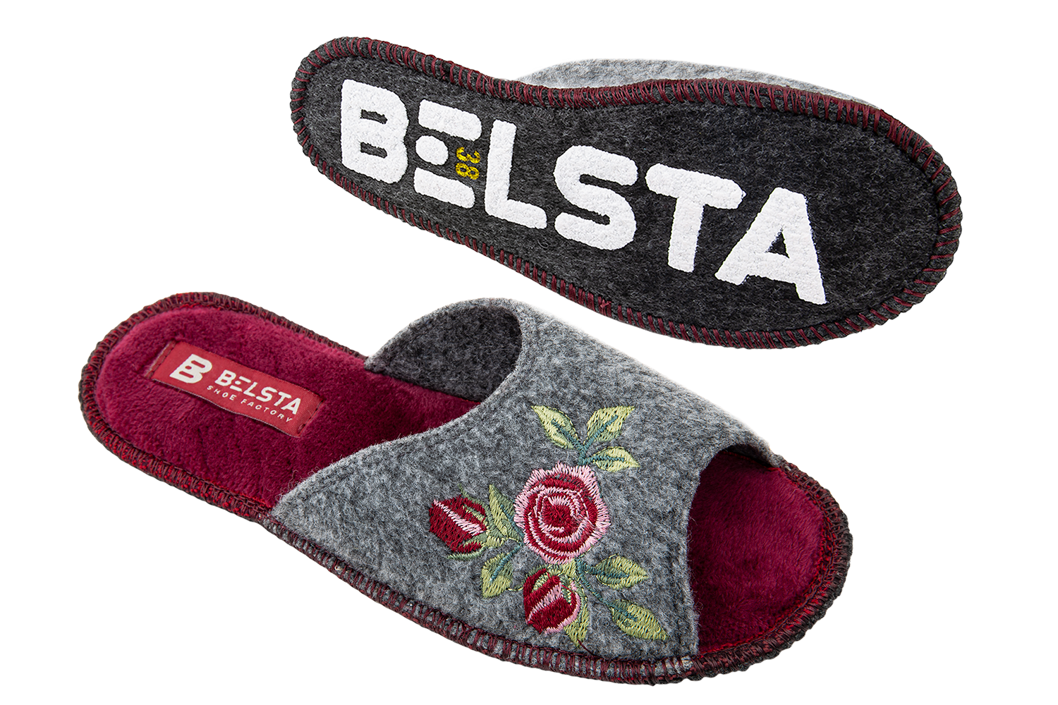 Women's open slippers BELSTA made of felt, decorated with flower embroidery