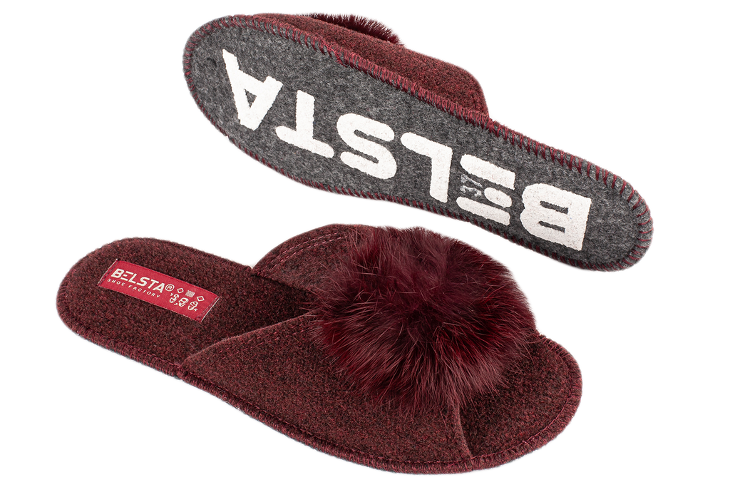 Women's open slippers BELSTA made of felt, decorated with natural fur