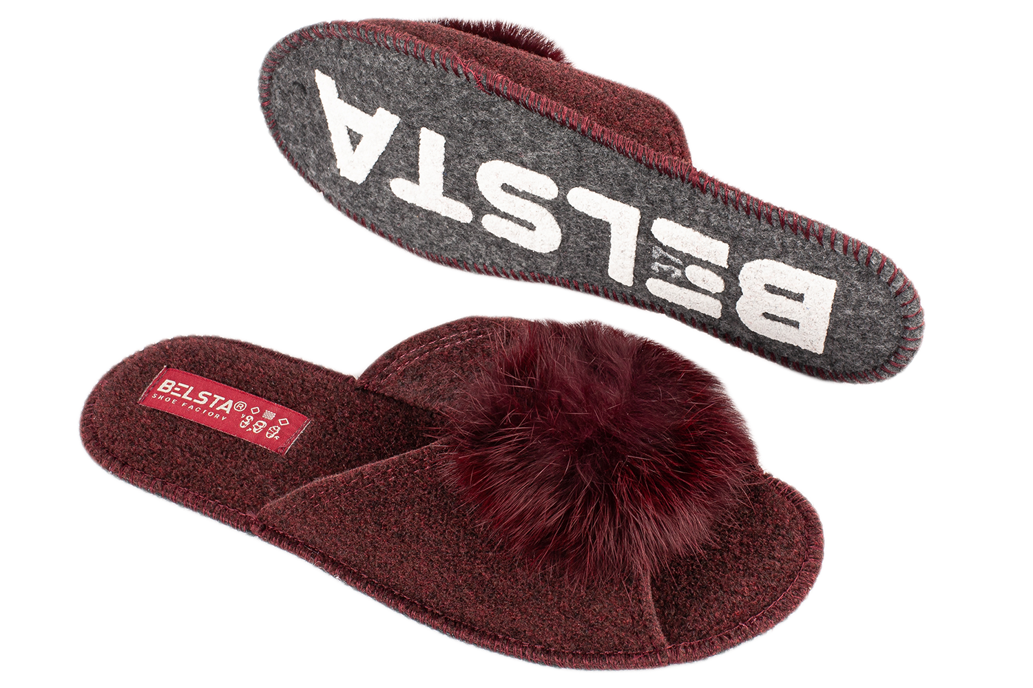 Women's open slippers BELSTA made of felt, decorated with natural fur