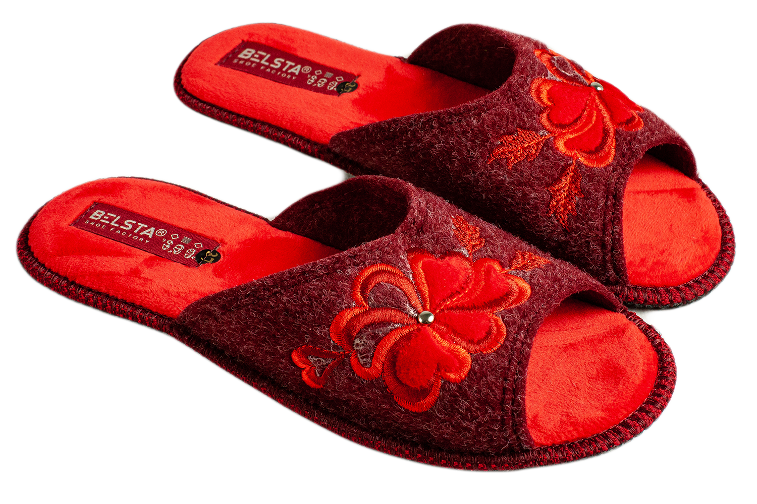 Women's open slippers BELSTA made of Italian felt, decorated with a flower with a heart embroidery