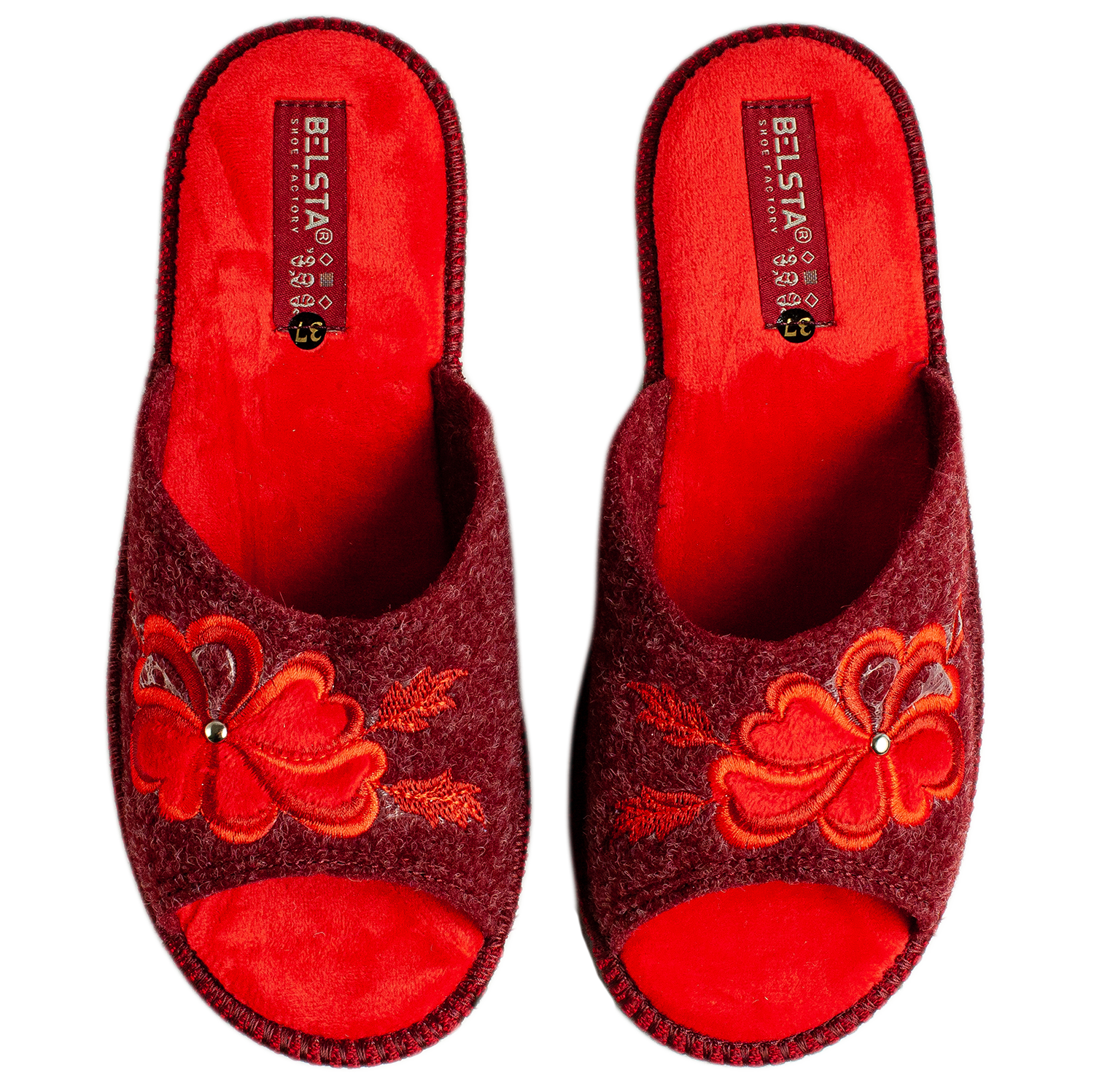 Women's open slippers BELSTA made of Italian felt, decorated with a flower with a heart embroidery
