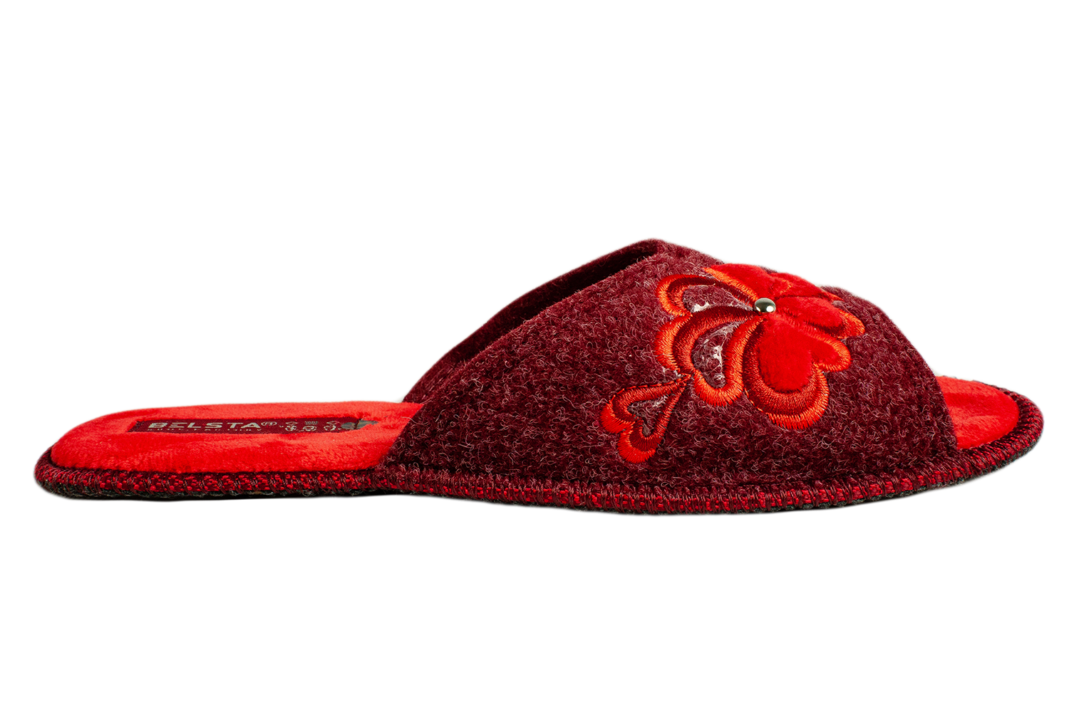Women's open slippers BELSTA made of Italian felt, decorated with a flower with a heart embroidery