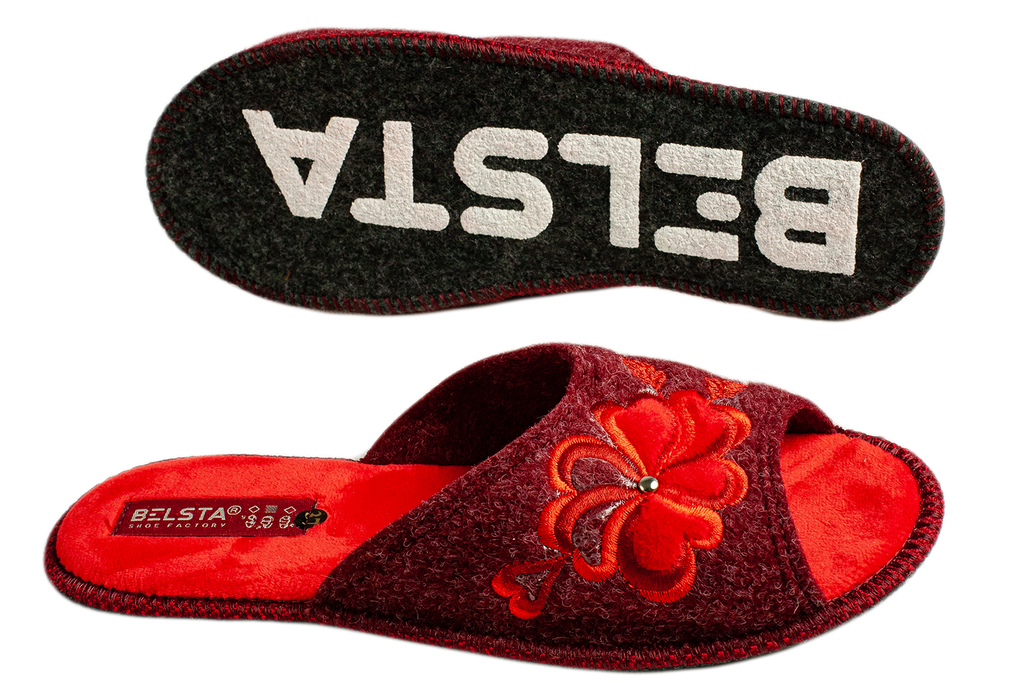 Women's open slippers BELSTA made of Italian felt, decorated with a flower with a heart embroidery