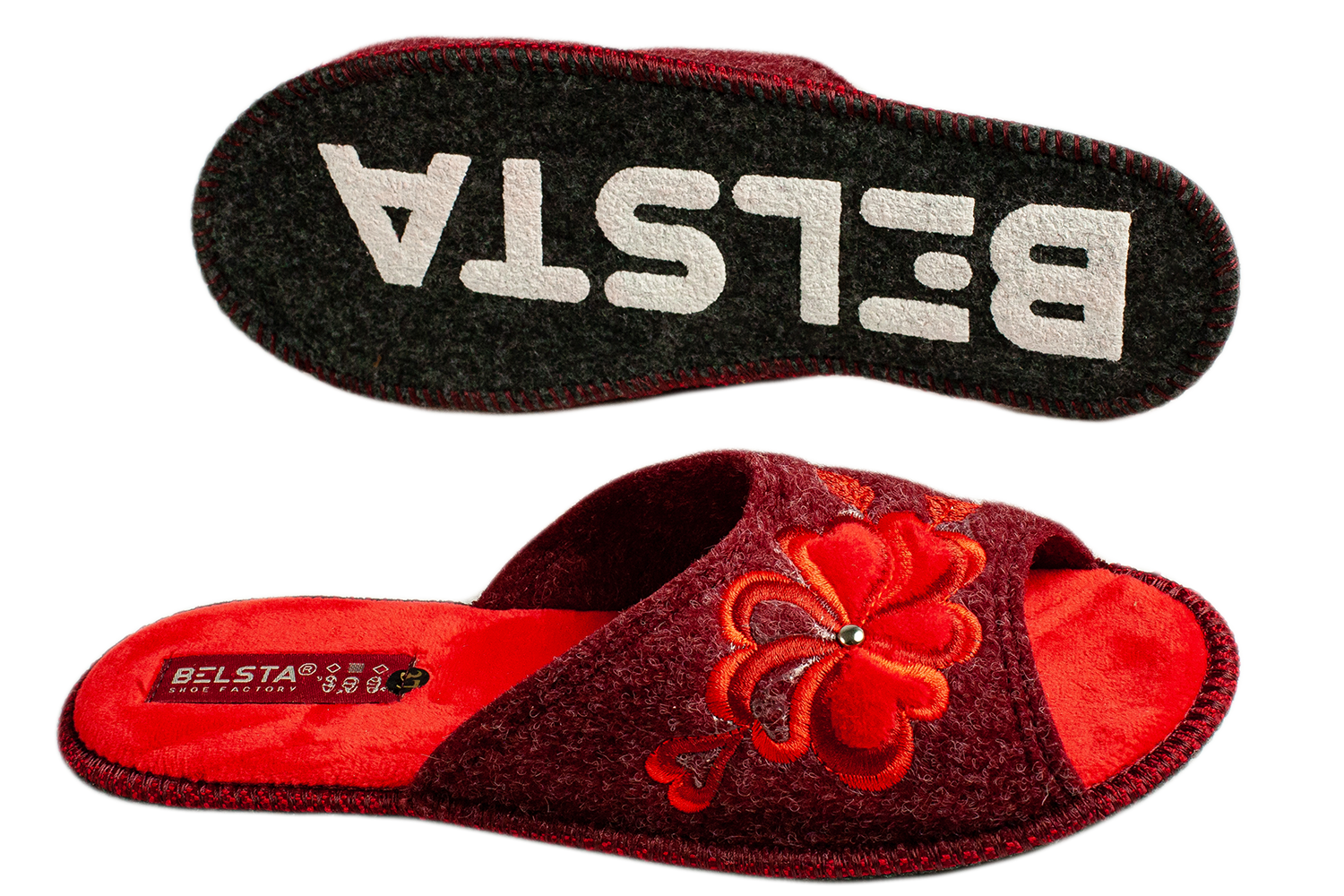Women's open slippers BELSTA made of Italian felt, decorated with a flower with a heart embroidery